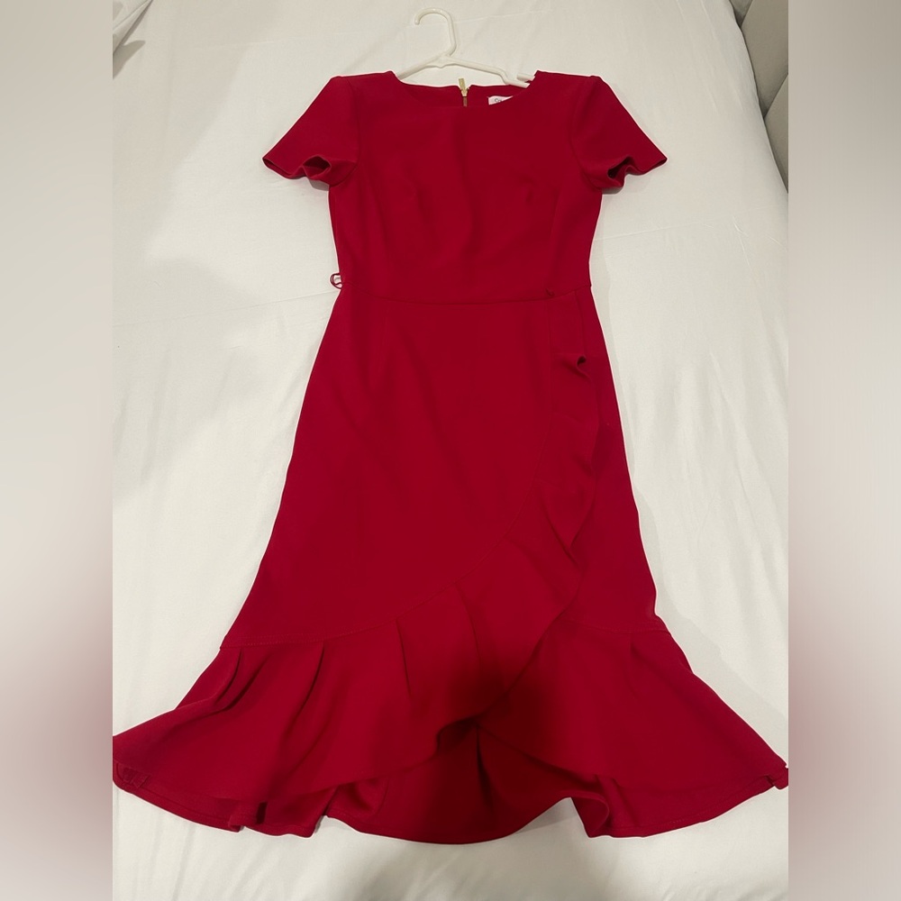 Red frails wrap Calvin Klein dress